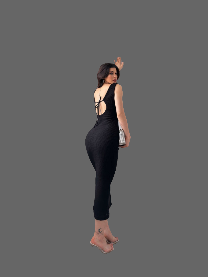 V Yaka Sırtı Bağcık Detaylı Triko Elbise