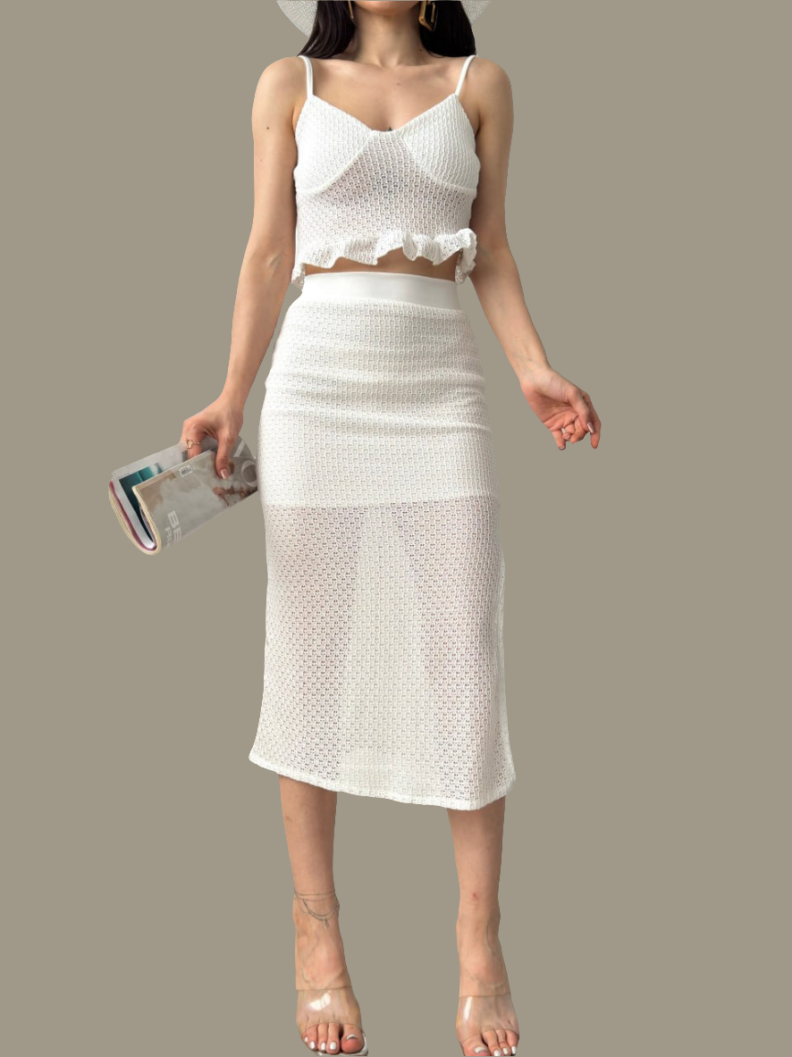 Fırfır Detaylı Crop Bluz Ve Etek Triko İkili Takım