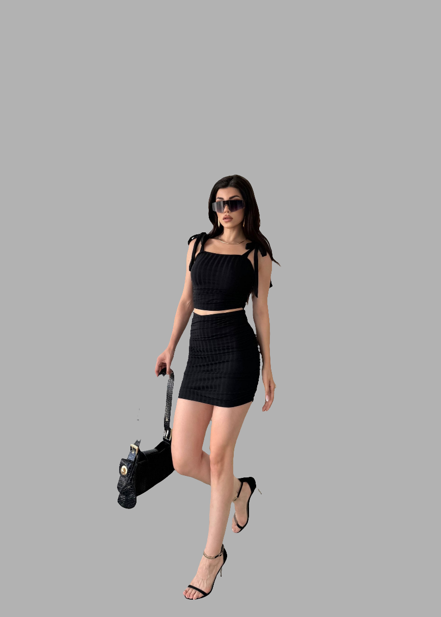 ✨ Bağcık Detaylı Crop Bluz ve Etek İkili Takı✨