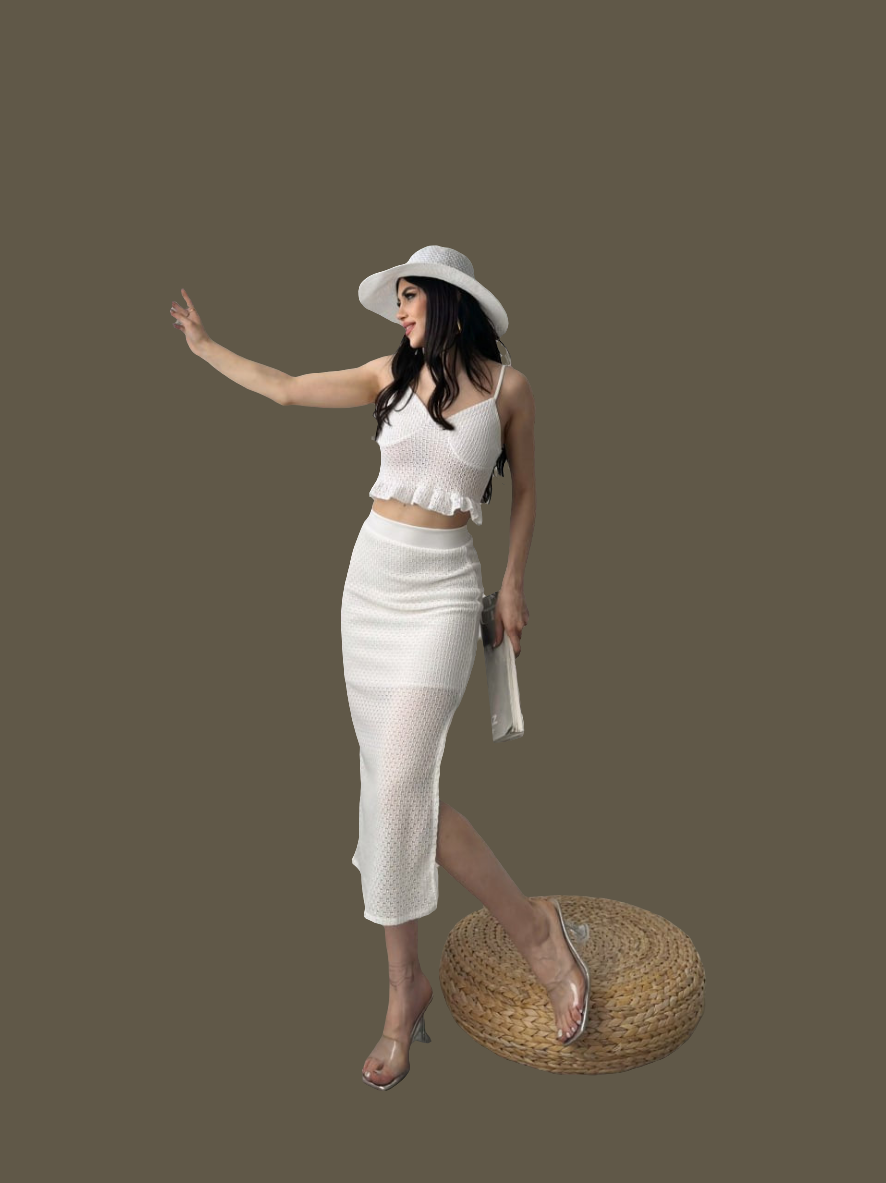 Fırfır Detaylı Crop Bluz Ve Etek Triko İkili Takım