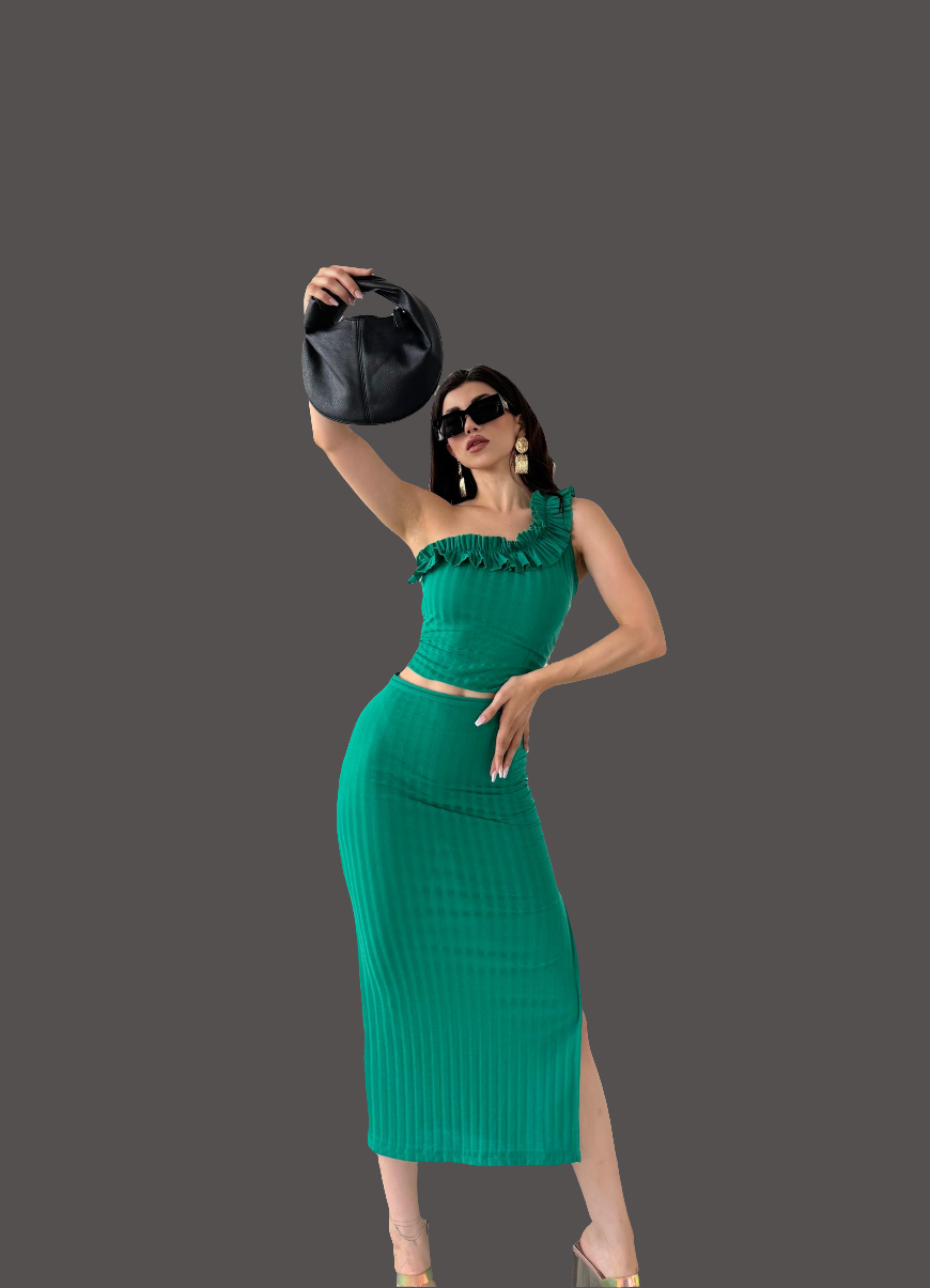 ✨ Tek Omuz Fırfır Detaylı Etek ve Bluz İkili Takım ✨