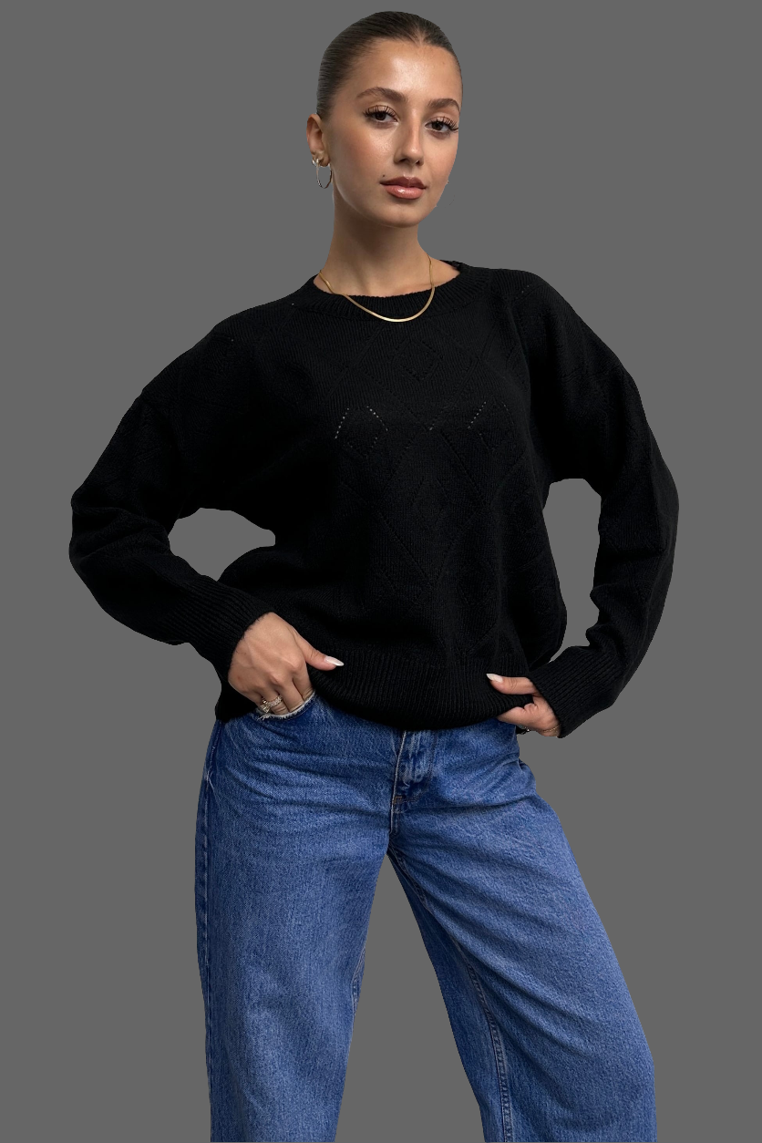 Bisiklet Yaka Baklava Desenli Triko Kazak